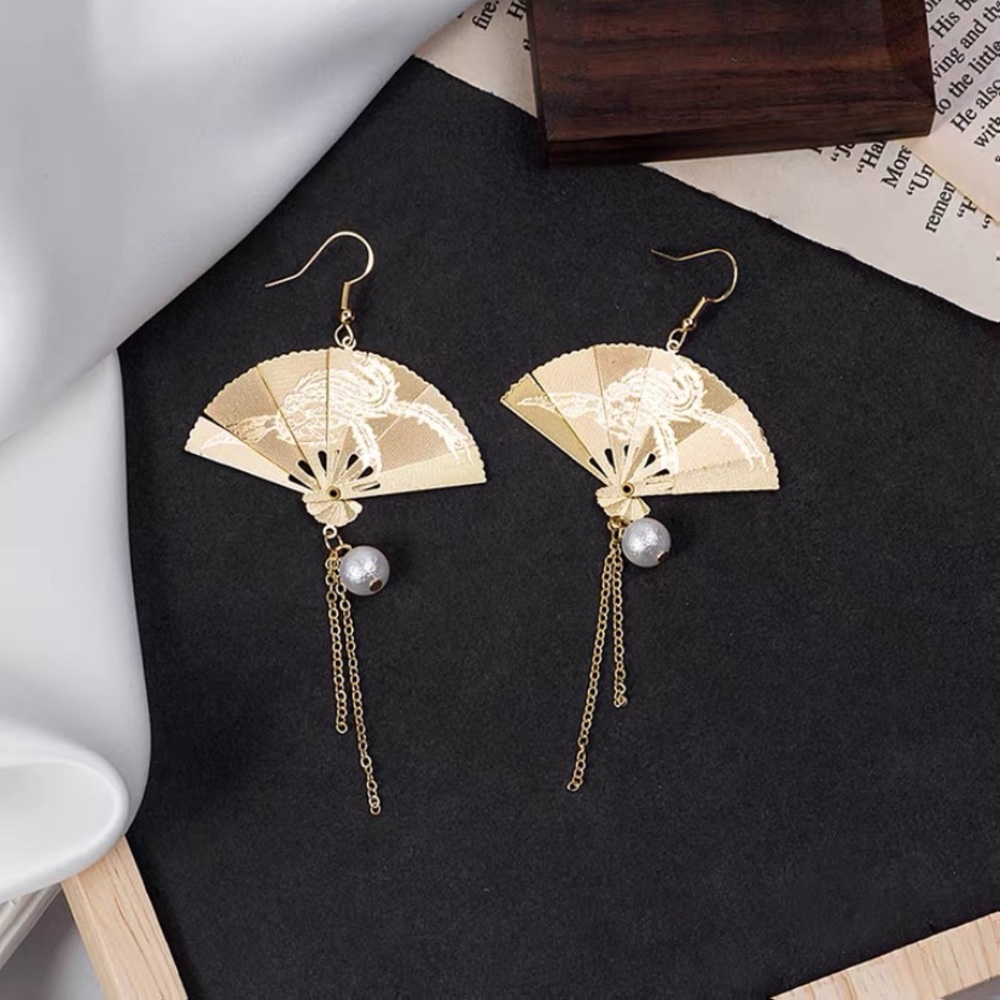 Golden Fan Earrings Antique Asian Art Tassels - Picture 2 of 14